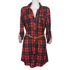 ULTRA FLIRT Tunic Dress Red Black Plaid Print Button Front XLarge NWT